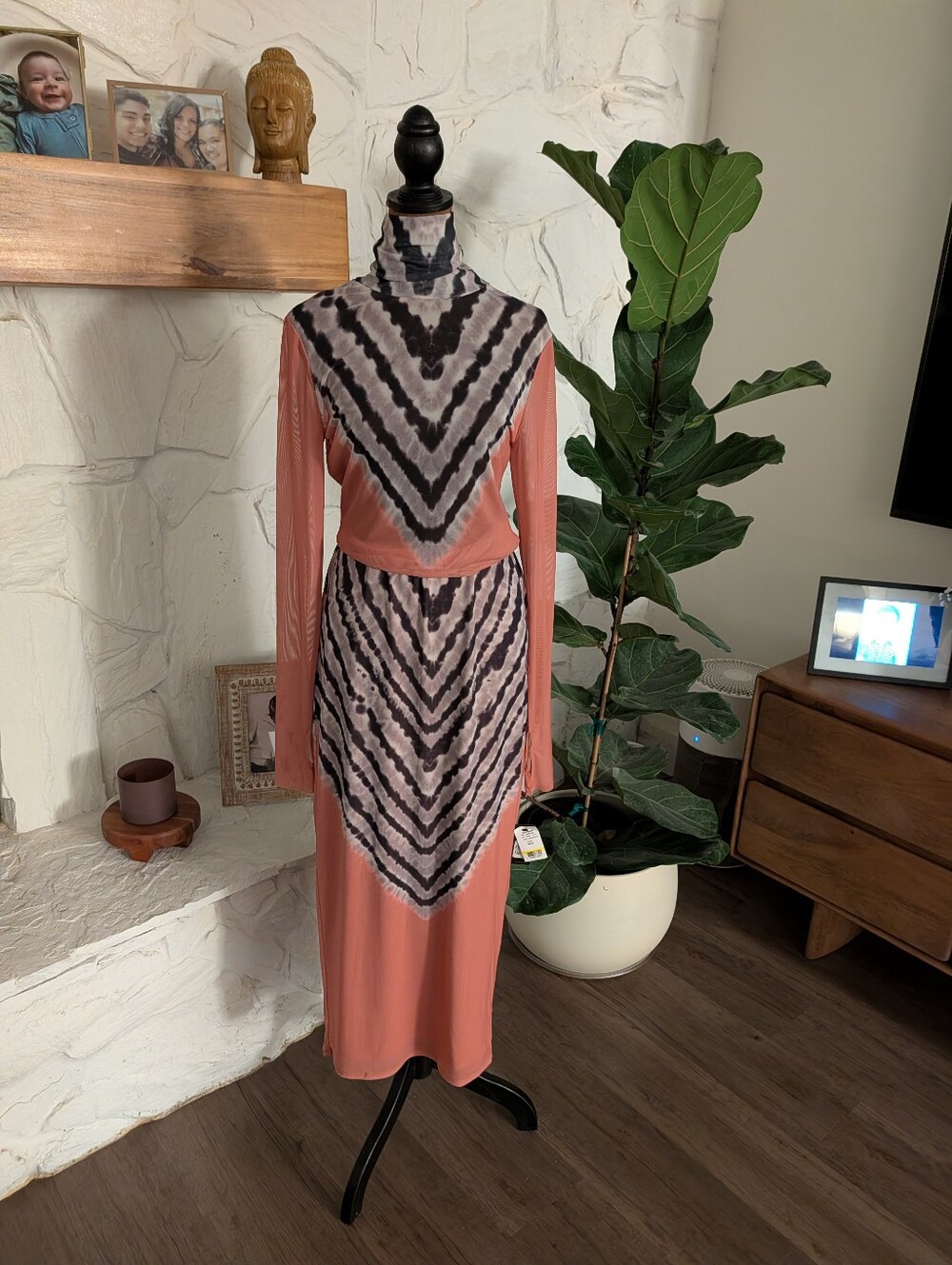 NWT AFRM Women’s Coral Pink Tie-Dye Panel Long Sleeve Skirt And Top Set Medium